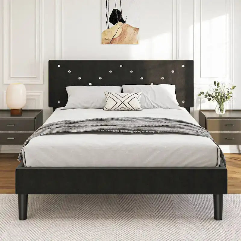 Letto a piattaforma imbottito con testiera imbottita - Queen Size, nero, struttura in metallo
