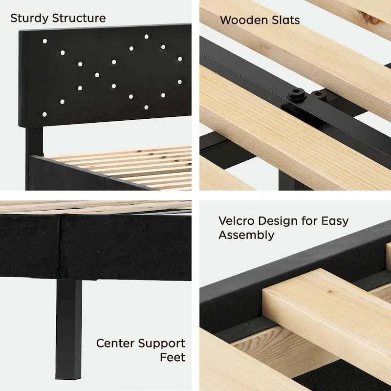 Letto a piattaforma imbottito con testiera imbottita - Queen Size, nero, struttura in metallo