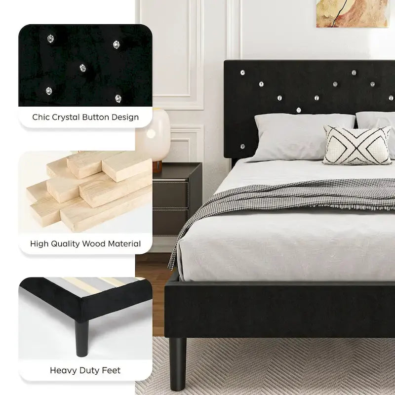 Letto a piattaforma imbottito con testiera imbottita - Queen Size, nero, struttura in metallo