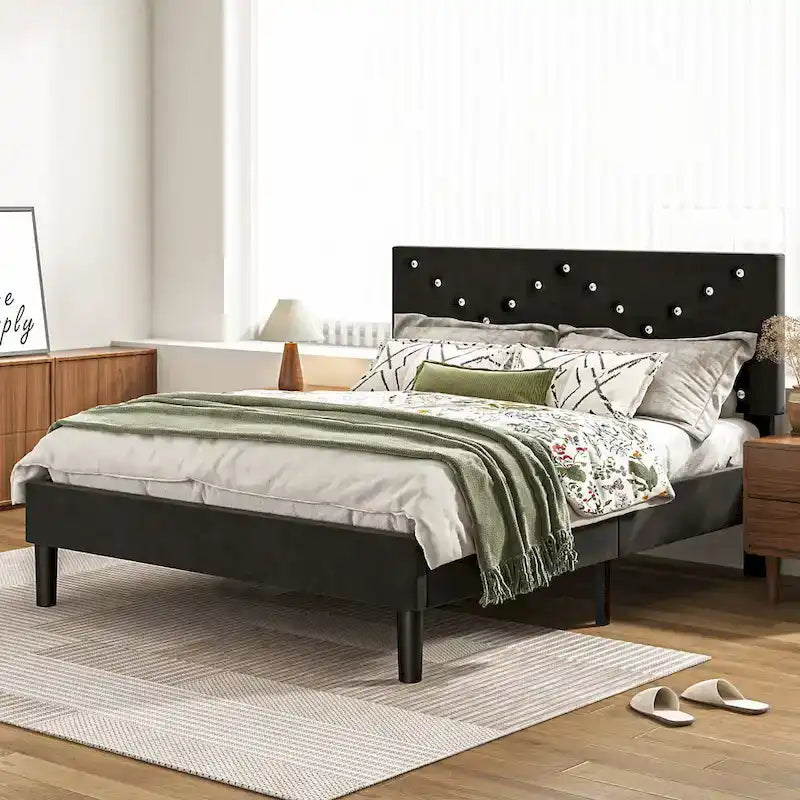 Letto a piattaforma imbottito con testiera imbottita - Queen Size, nero, struttura in metallo