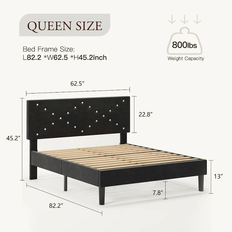 Letto a piattaforma imbottito con testiera imbottita - Queen Size, nero, struttura in metallo