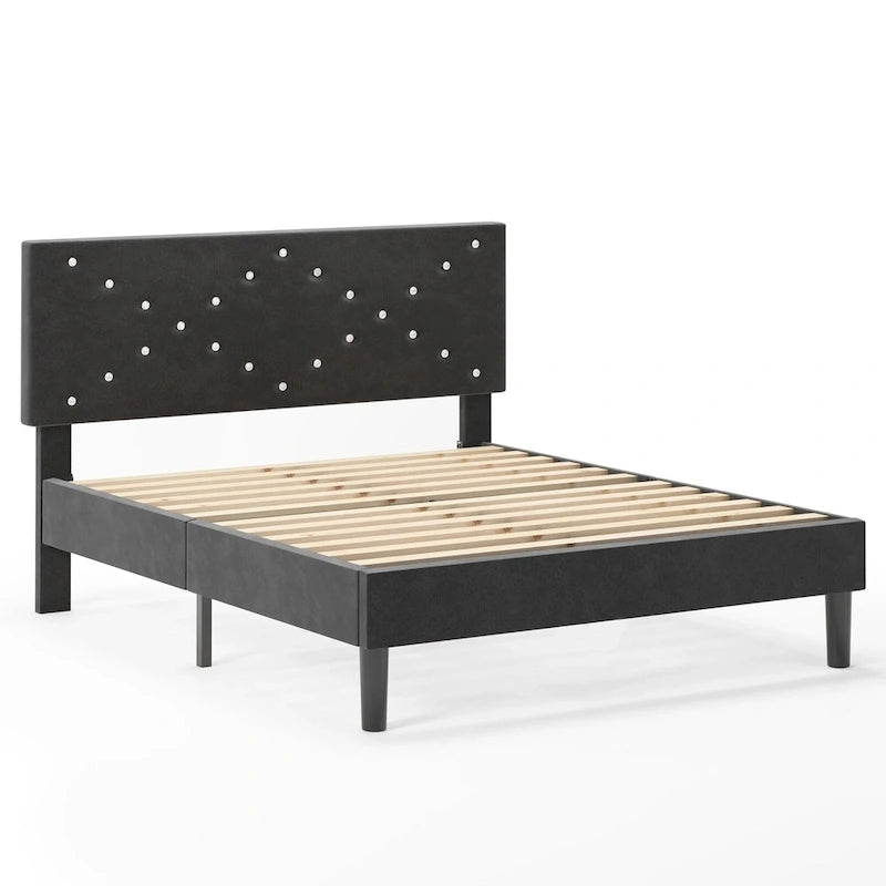 Letto a piattaforma imbottito con testiera imbottita - Queen Size, nero, struttura in metallo