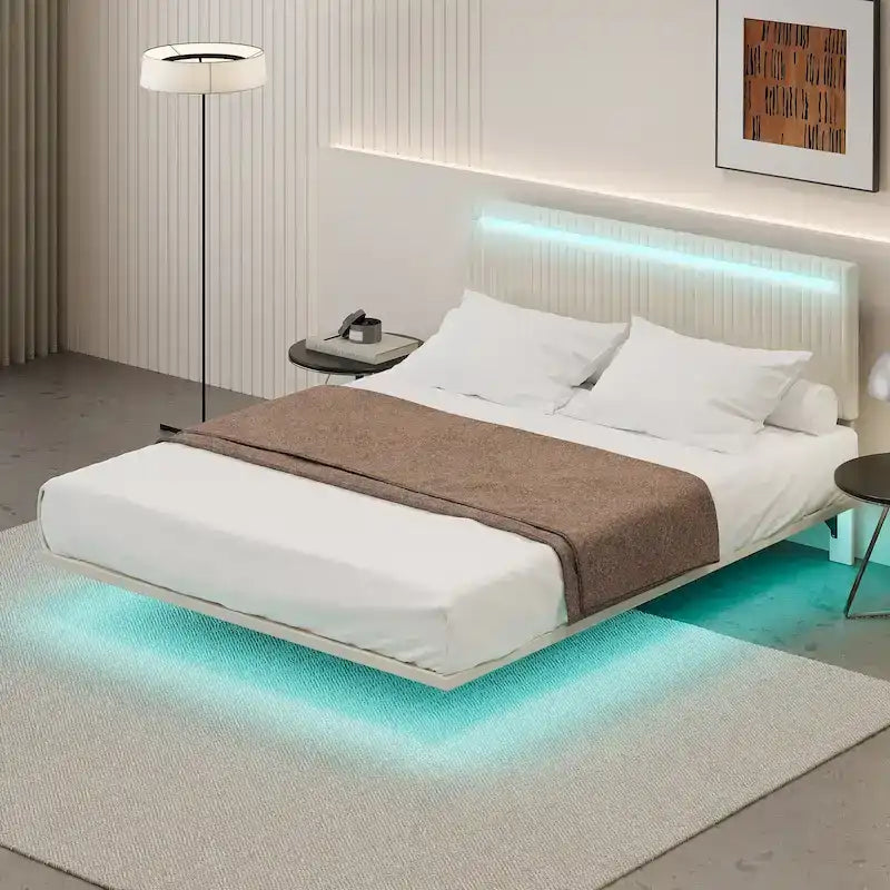Telaio letto sospeso con luci LED, matrimoniale, beige