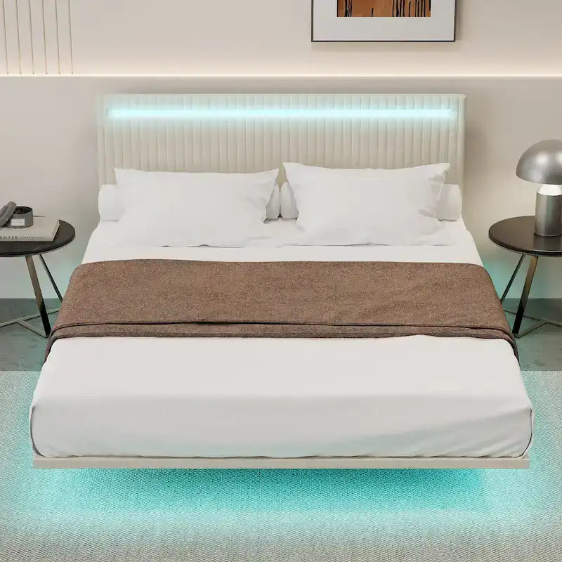 Telaio letto sospeso con luci LED, matrimoniale, beige