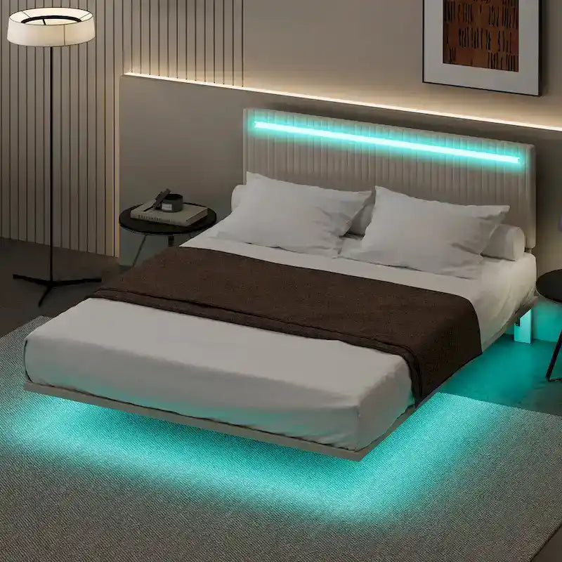 Telaio letto sospeso con luci LED, matrimoniale, beige