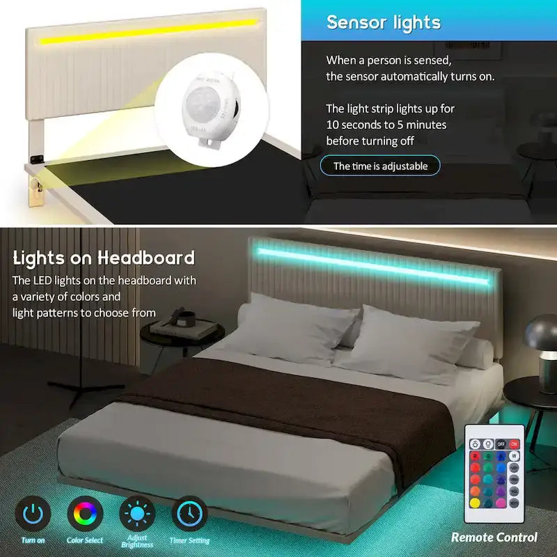 Telaio letto sospeso con luci LED, matrimoniale, beige
