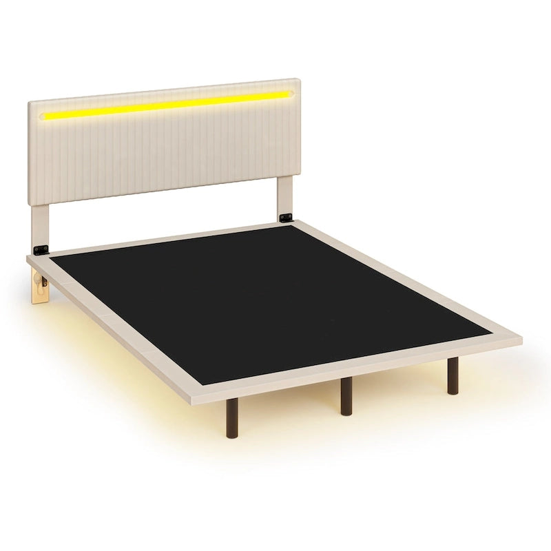 Telaio letto sospeso con luci LED, matrimoniale, beige