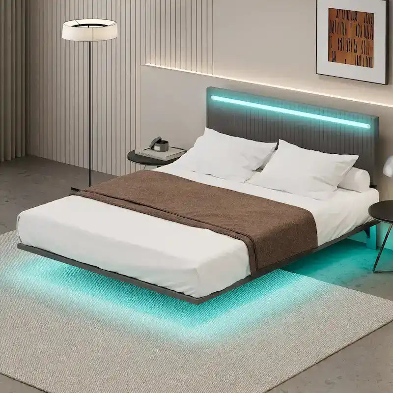 Telaio letto sospeso con luci LED, matrimoniale, beige