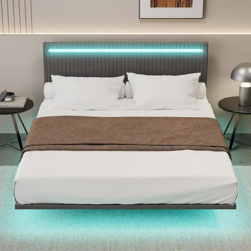 Telaio letto sospeso con luci LED, matrimoniale, beige