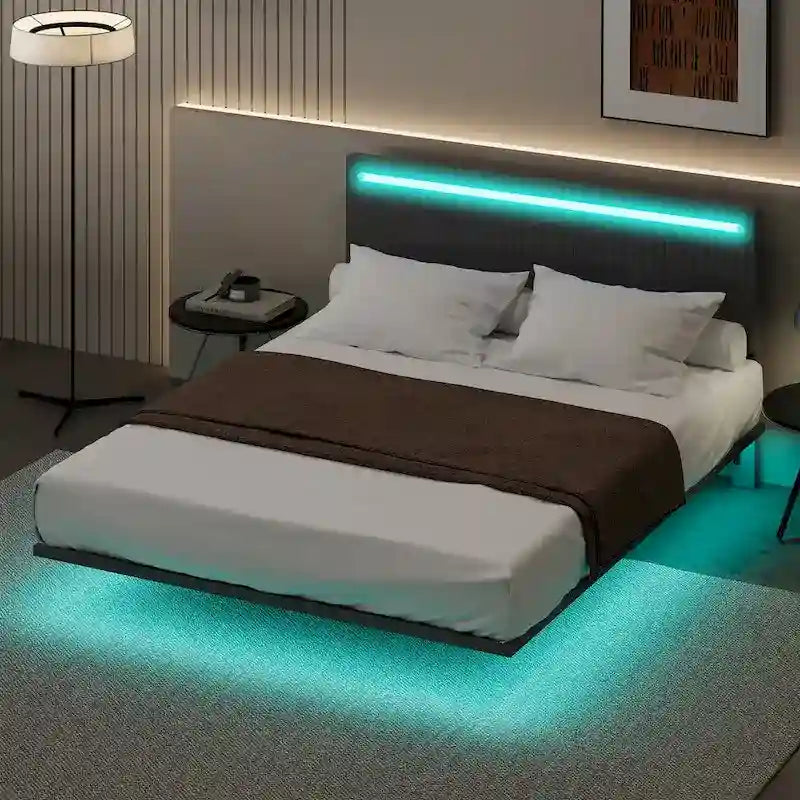 Telaio letto sospeso con luci LED, matrimoniale, beige