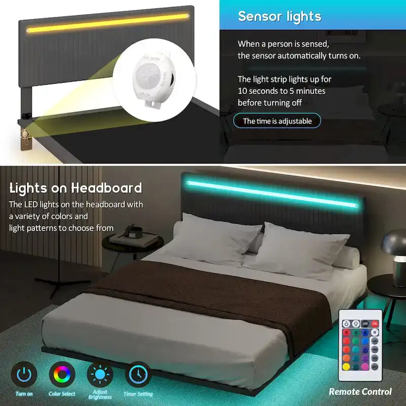 Telaio letto sospeso con luci LED, matrimoniale, beige