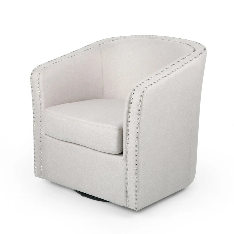 Poltrona girevole di design a barilotto rotondo, tessuto beige grano