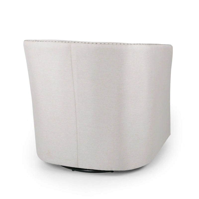 Poltrona girevole di design a barilotto rotondo, tessuto beige grano