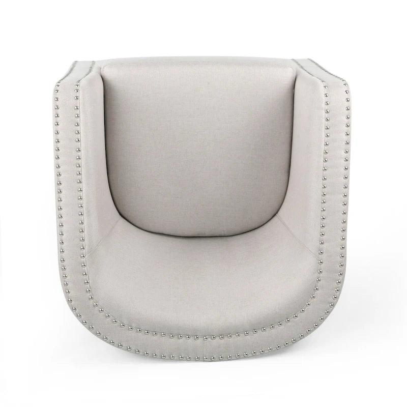 Poltrona girevole di design a barilotto rotondo, tessuto beige grano