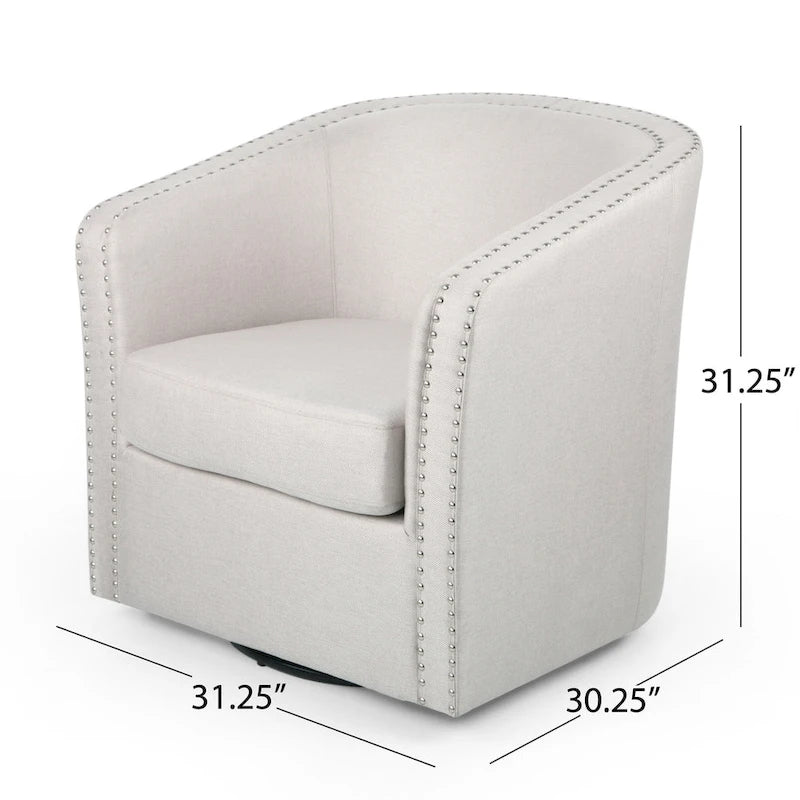 Poltrona girevole di design a barilotto rotondo, tessuto beige grano