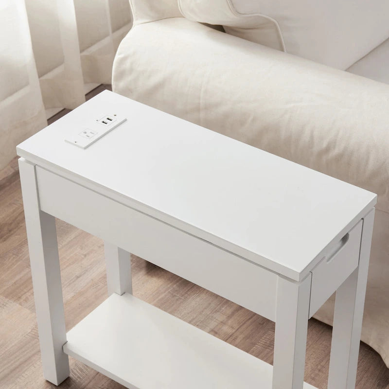 Tavolino stretto da divano con ricarica USB e cassetto portaoggetti