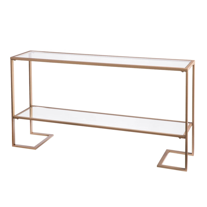 Consolle con finitura oro, piano in vetro e ripiano a specchio