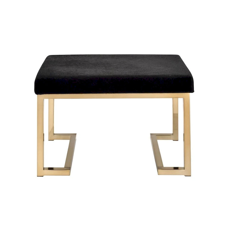 Pouf in tessuto nero con base in metallo color champagne e contenitore a scomparsa