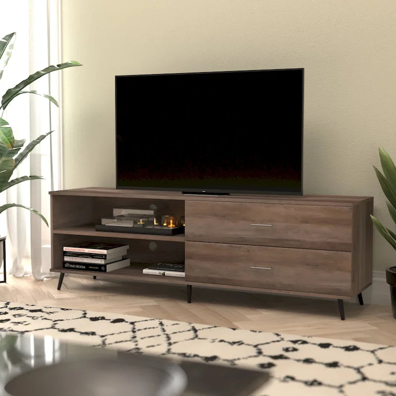 Mobile TV moderno di metà secolo per TV fino a 60 pollici con ripiano regolabile e cassetti portaoggetti