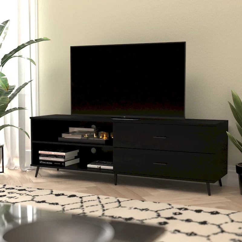Mobile TV moderno di metà secolo per TV fino a 60 pollici con ripiano regolabile e cassetti portaoggetti