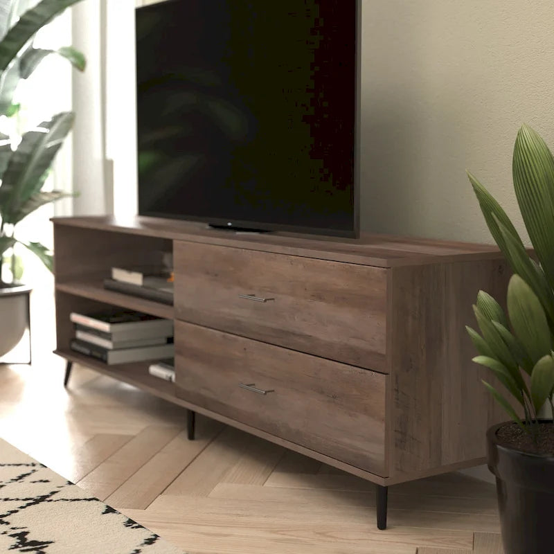 Mobile TV moderno di metà secolo per TV fino a 60 pollici con ripiano regolabile e cassetti portaoggetti