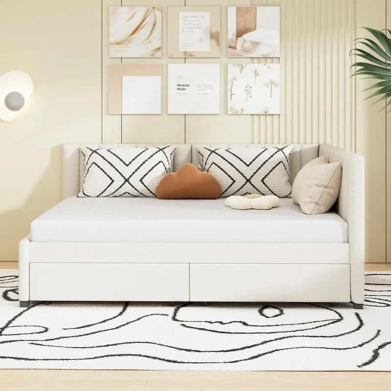 Letto a giorno imbottito matrimoniale con 2 cassetti portaoggetti – Lino Beige