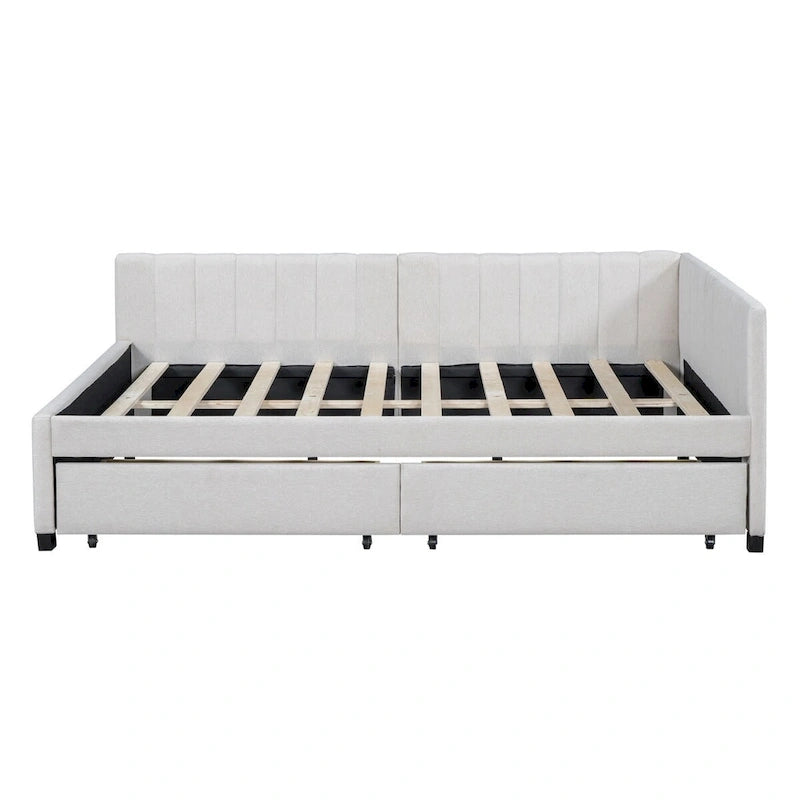 Letto a giorno imbottito matrimoniale con 2 cassetti portaoggetti – Lino Beige
