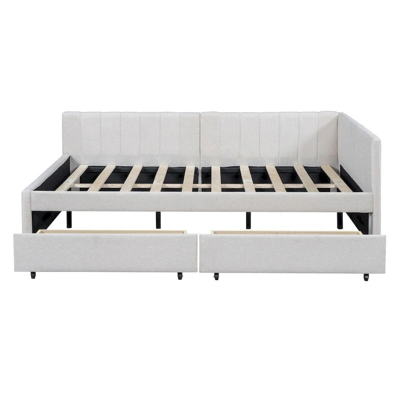Letto a giorno imbottito matrimoniale con 2 cassetti portaoggetti – Lino Beige