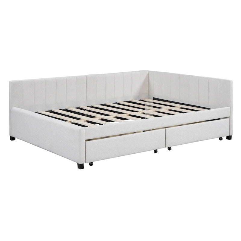 Letto a giorno imbottito matrimoniale con 2 cassetti portaoggetti – Lino Beige