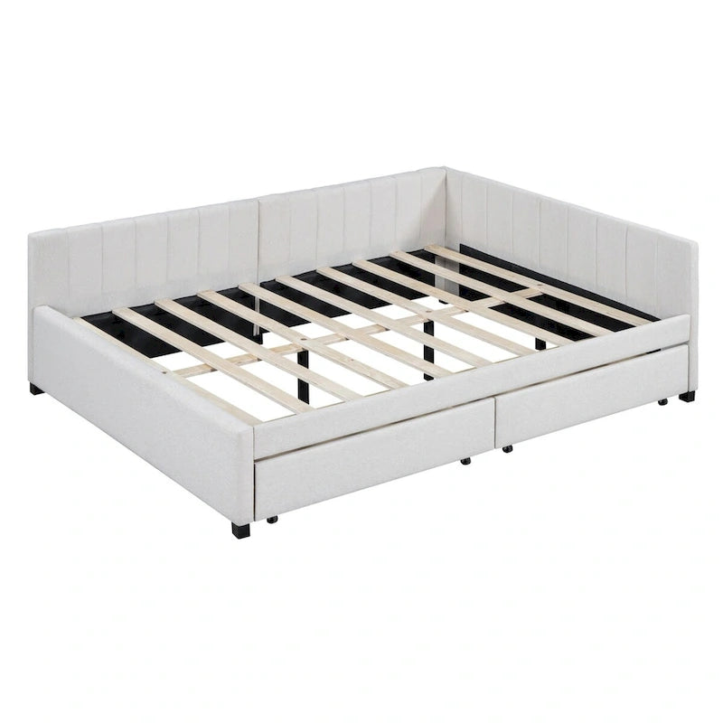 Letto a giorno imbottito matrimoniale con 2 cassetti portaoggetti – Lino Beige