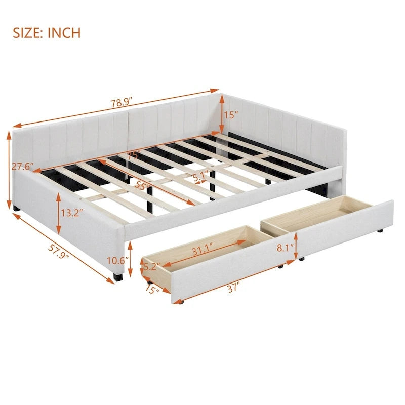 Letto a giorno imbottito matrimoniale con 2 cassetti portaoggetti – Lino Beige