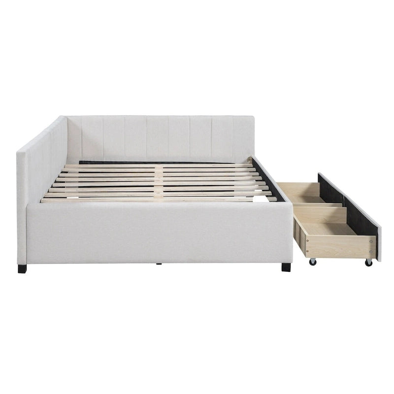 Letto a giorno imbottito matrimoniale con 2 cassetti portaoggetti – Lino Beige