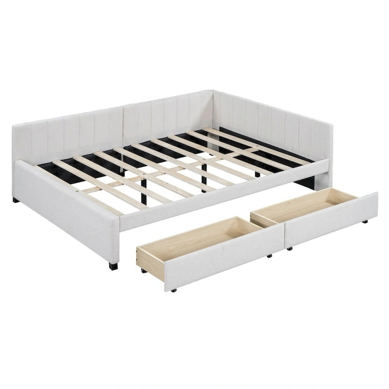 Letto a giorno imbottito matrimoniale con 2 cassetti portaoggetti – Lino Beige