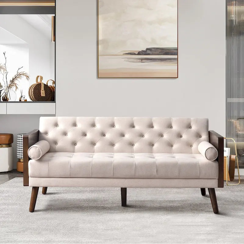 Divano in tessuto trapuntato Mid-Century Modern con gambe in legno