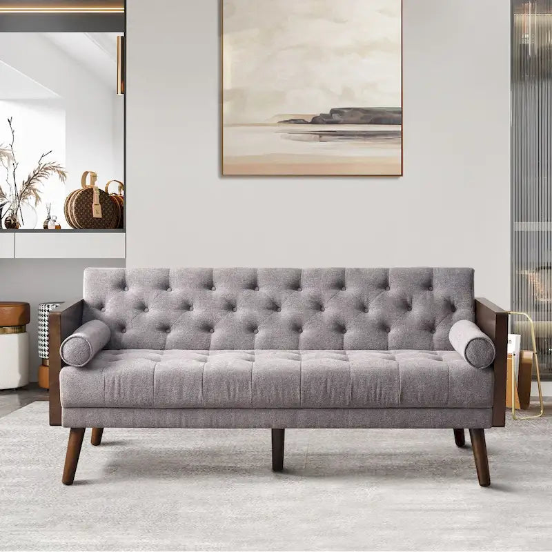Divano in tessuto trapuntato Mid-Century Modern con gambe in legno