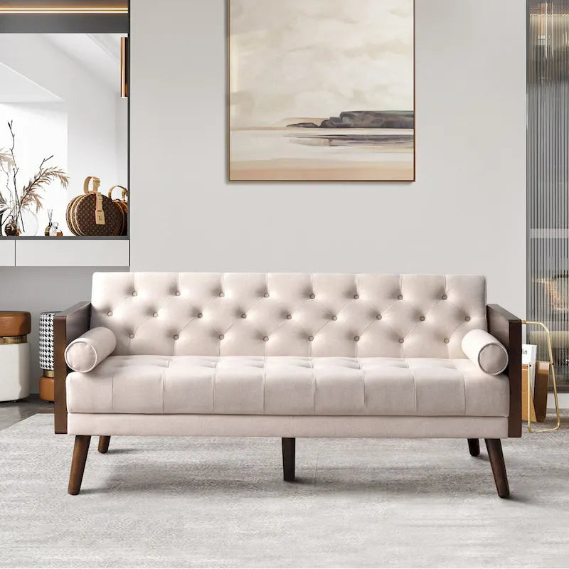 Divano in tessuto trapuntato Mid-Century Modern con gambe in legno