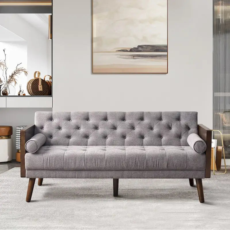 Divano in tessuto trapuntato Mid-Century Modern con gambe in legno