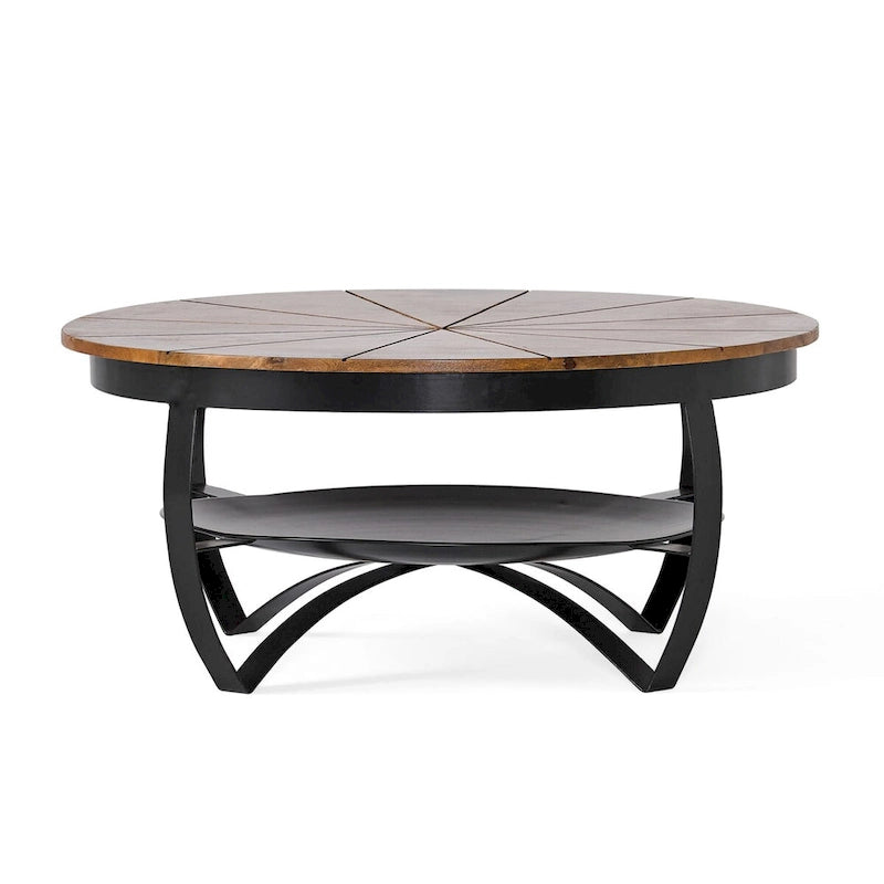 Tavolino da caffè rotondo industriale moderno con piano in legno di mango