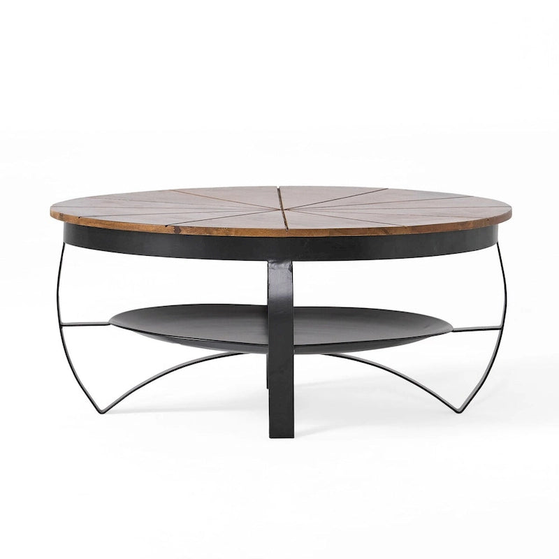 Tavolino da caffè rotondo industriale moderno con piano in legno di mango