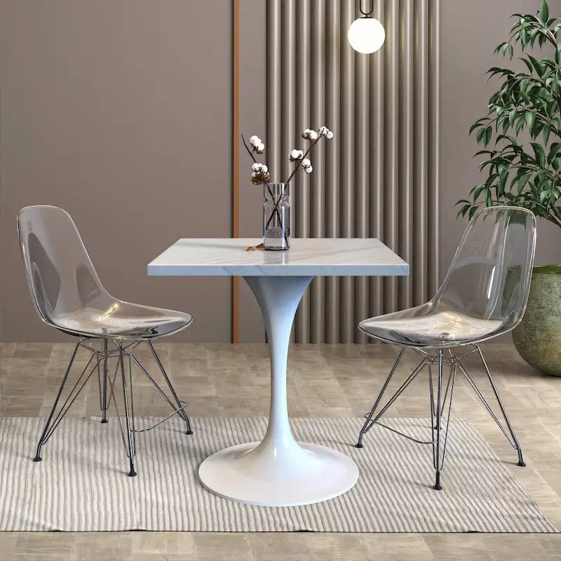 Tavolo da pranzo rotondo con piedistallo, piano in resina e base in acciaio bianco