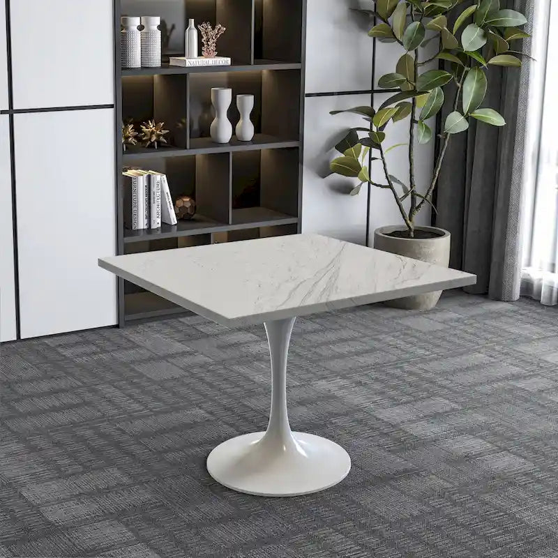 Tavolo da pranzo rotondo con piedistallo, piano in resina e base in acciaio bianco