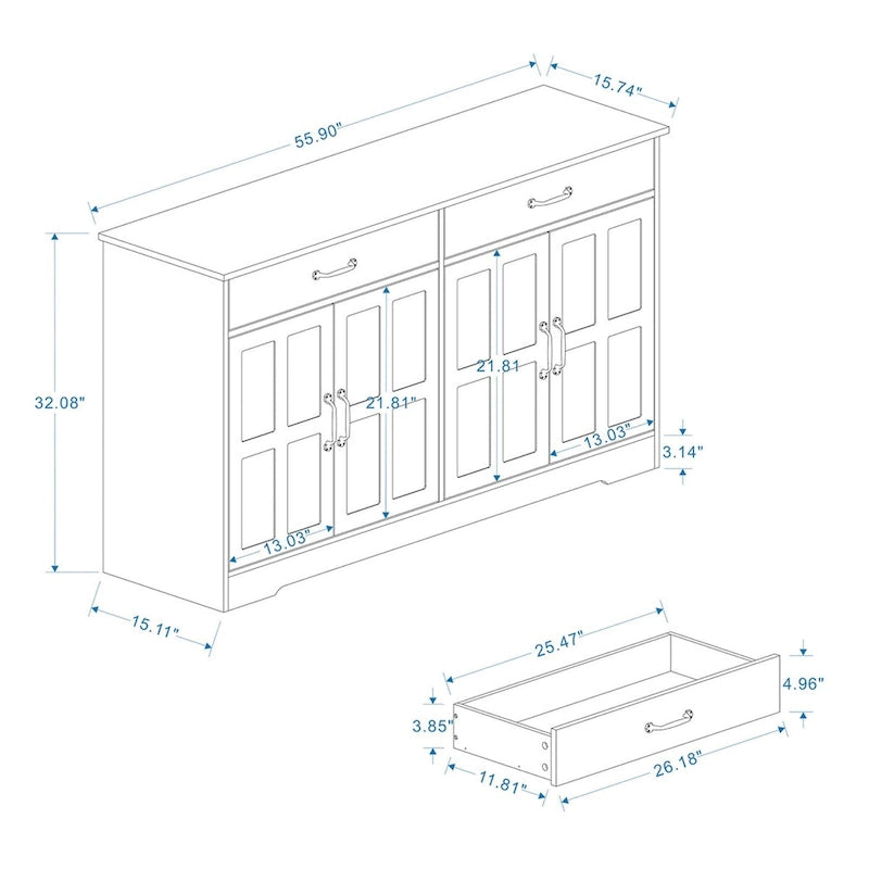 Credenza rustica con 2 cassetti e 4 ante