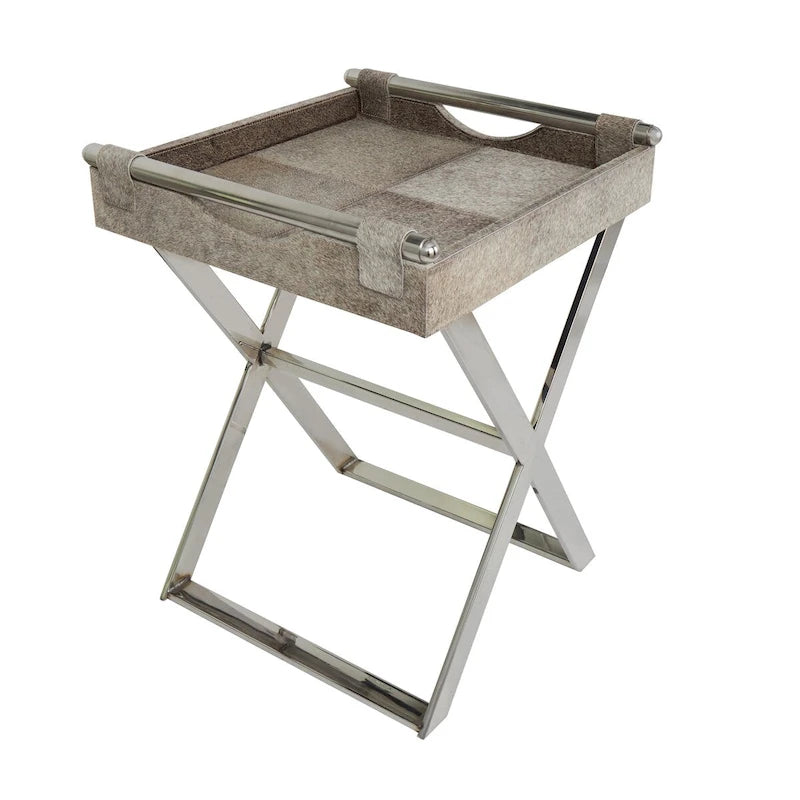 Tavolino d'appoggio laterale con vassoio in pelle e gambe e maniglie diagonali argentate - Grigio