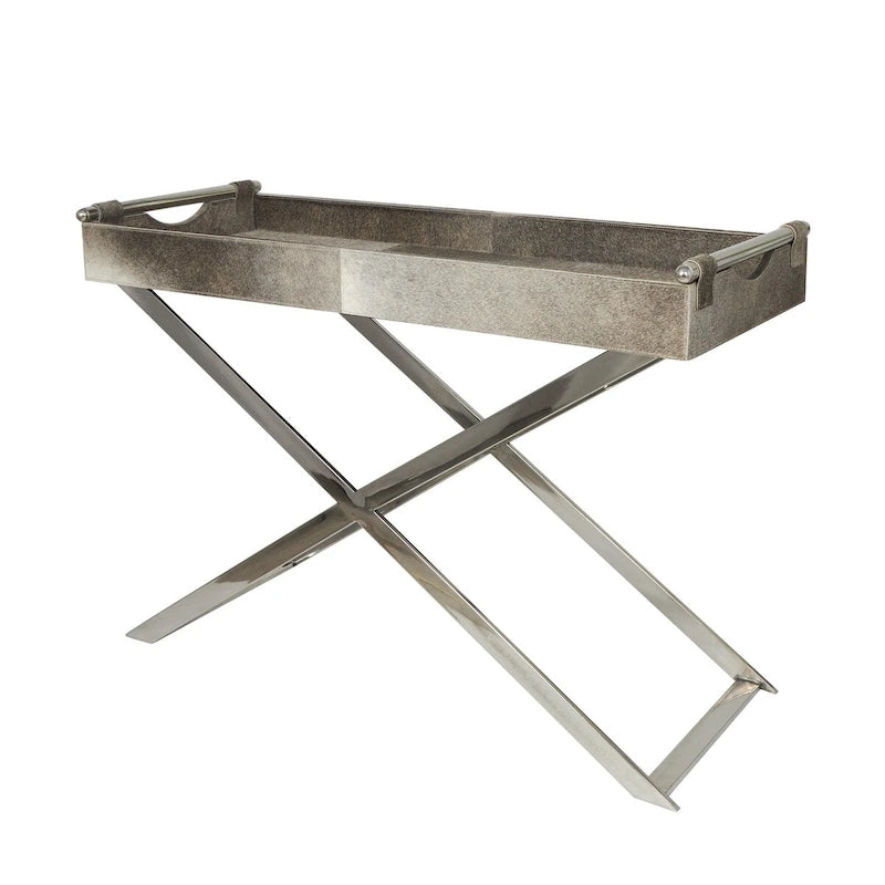 Tavolino d'appoggio laterale con vassoio in pelle e gambe e maniglie diagonali argentate - Grigio