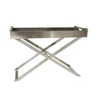 Tavolino d'appoggio laterale con vassoio in pelle e gambe e maniglie diagonali argentate - Grigio
