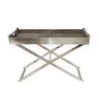 Tavolino d'appoggio laterale con vassoio in pelle e gambe e maniglie diagonali argentate - Grigio