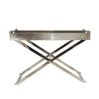 Tavolino d'appoggio laterale con vassoio in pelle e gambe e maniglie diagonali argentate - Grigio