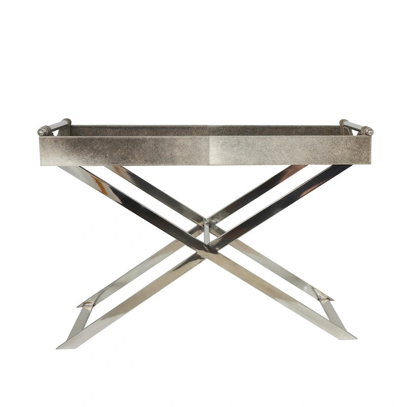 Tavolino d'appoggio laterale con vassoio in pelle e gambe e maniglie diagonali argentate - Grigio