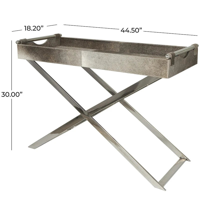 Tavolino d'appoggio laterale con vassoio in pelle e gambe e maniglie diagonali argentate - Grigio