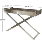 Tavolino d'appoggio laterale con vassoio in pelle e gambe e maniglie diagonali argentate - Grigio